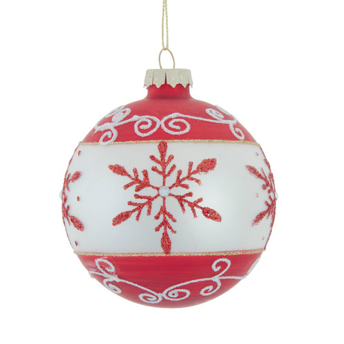 80MM Glass Red & White Glitter Snowflake Ball Ornament Set, 6-Pieces