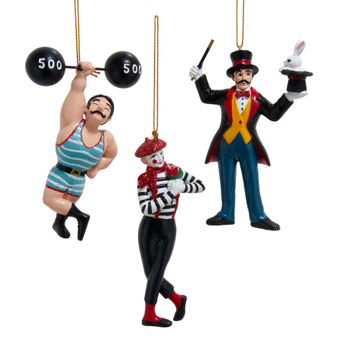 Carnival Magician, Strongman & Mime Ornaments, 3 Assorted