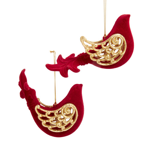 Flocked Glittered Ruby Pomegranate Bird Ornaments, 2 Assorted