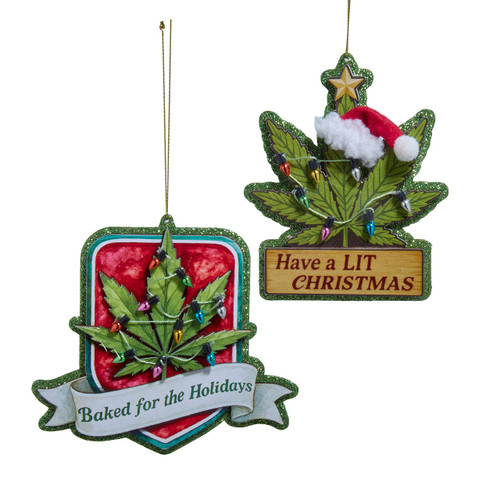 Cannabis Leaf With Sayings Ornaments, 2 Assorted