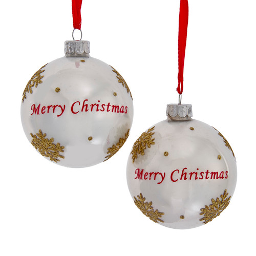 Glass Pearlized White With Teddy Bear Decal Ball Ornaments, 2 Assorted