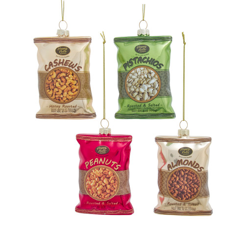 Glass Pistachios, Almonds, Cashews & Peanuts Ornaments, 4 Assorted