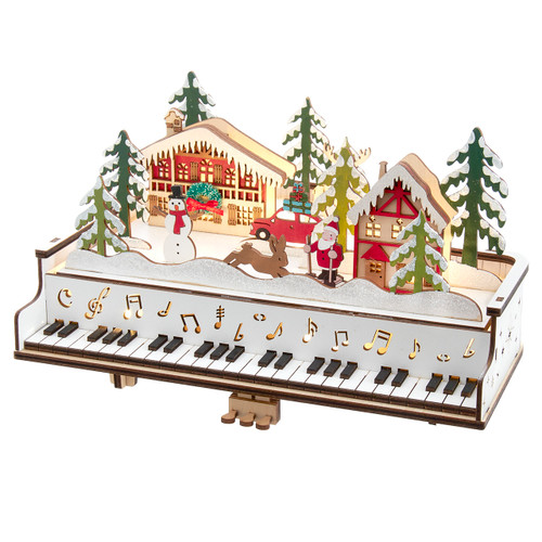 6.3" Battery Operated LED Lighted Piano With Village Scene & Santa