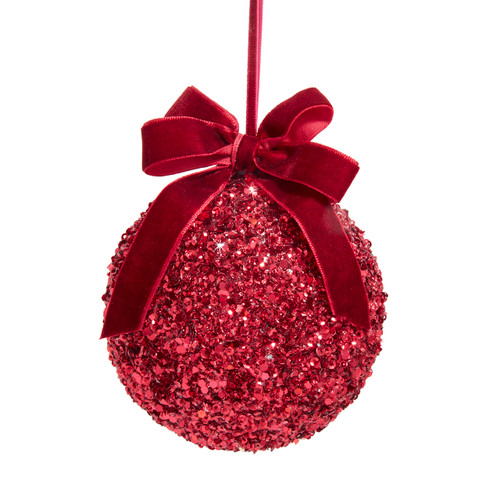 100MM Shatterproof Red Glitter Ball With Bow Ornament