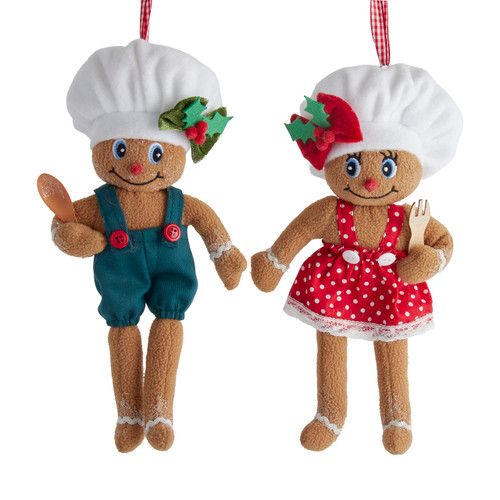 Plush Gingerbread Baker Boy & Girl Ornaments, 2 Assorted