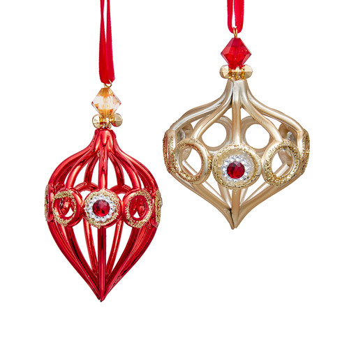 Red & Gold With Jewels Onion & Finial Ornaments, 2 Assorted