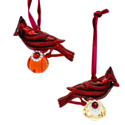 Cardinal With Jewels Ornaments, 2 Assorted