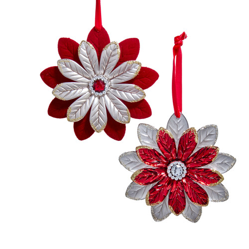 Silver With Red Flocking & Jewel Flower Ornaments, 2 Assorted
