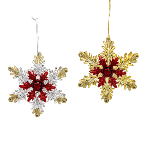 Gold, Silver & Red  Snowflake Ornaments, 2 Assorted