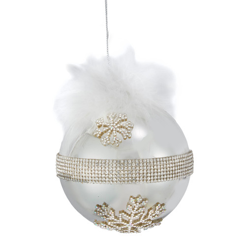 Glass Silver Bedazzled Snowflake With Feather Ball Ornament