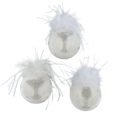 Glass White Ball With Bedazzled Drinks & Feathers Ornaments, 3 Assorted
