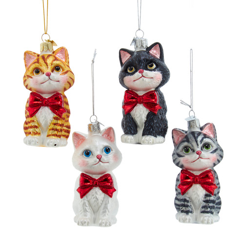 Noble Gems™ Glass Cat With Red Bow Ornaments, 4 Assorted