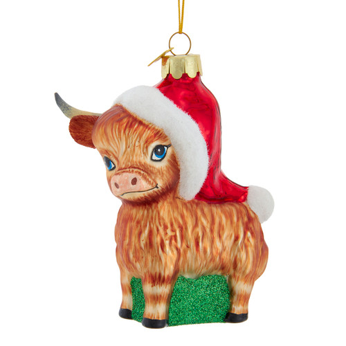 Noble Gems™ Glass Highland Cow With Santa Hat Ornament