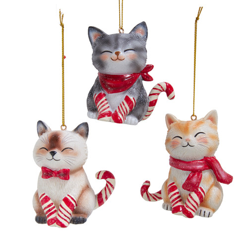 Candy Cane Cat Ornaments, 3 Assorted