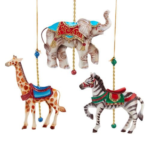 Elephant, Giraffe & Zebra Ornaments, 3 Assorted