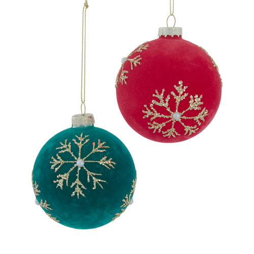 80MM Glass Flocked Red & Green With Gold Snowflakes Ball Ornaments, 6-Piece Set