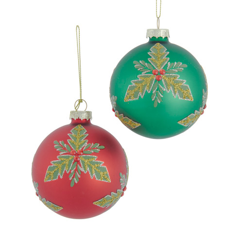 80MM Glass Red & Green With Glittered Ivy Leaves Ball Ornaments, 6-Piece Set