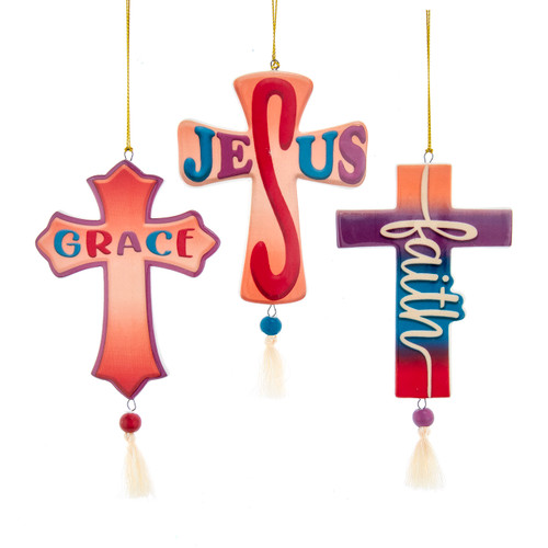 "Faith," "Grace" & "Jesus" Cross Ornaments, 3 Assorted