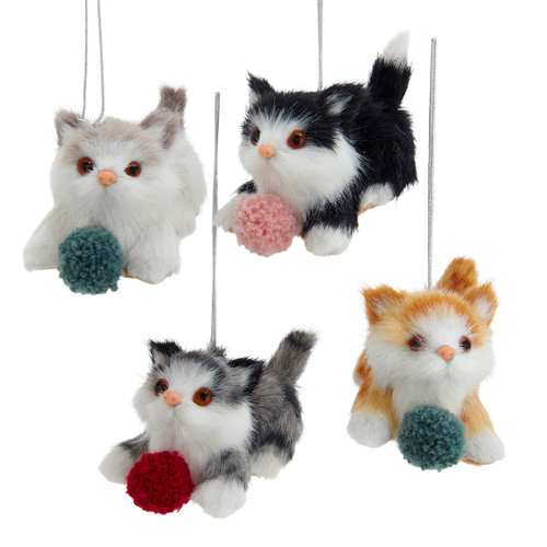 Furry Cats With Yarn Balls Ornaments, 4 Assorted