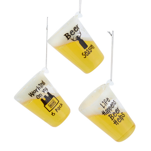 Glass Beer Glass With Words Ornaments, 3 Assorted 