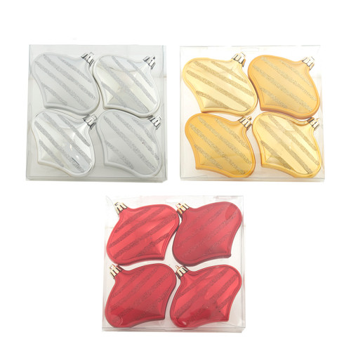 100MM Red, Silver & Gold Glittered Flat Drop Ornaments, 4-Piece Box, 3 Assorted Colors