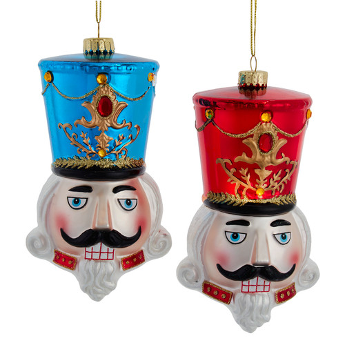 7" Glass Nutcracker Head With Red & Blue Hat Ornament