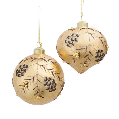 Glass Gold With Pinecone & Branches Ball & Onion Ornaments, 2 Assorted