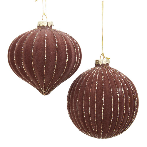 Glass Flocked Brown With Gold Stripes Ball & Onion Ornaments, 2 Assorted