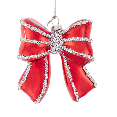 Glass Red Bow With Silver Glitter Ornament