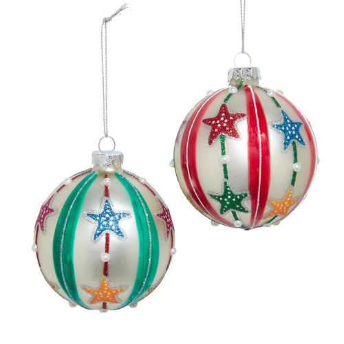 80MM Glass Stars & Stripes Carnival Ornaments, 2 Assorted 