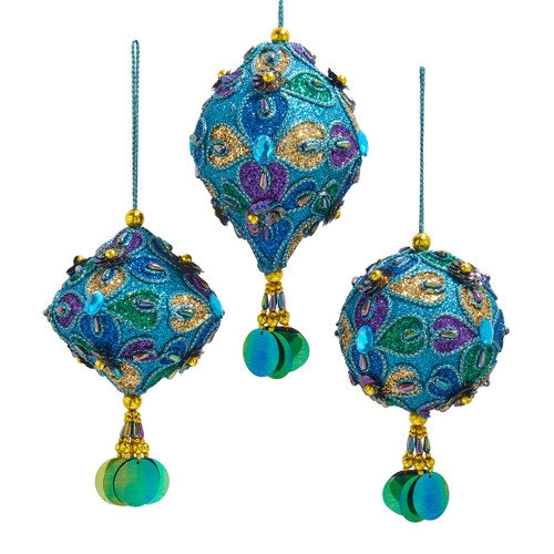 Peacock Finial Onion & Ball Ornaments, 3 Assorted