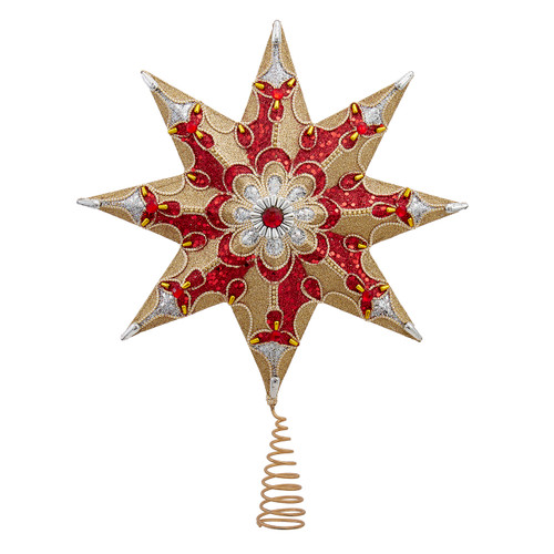 16" 8-Point Red, Gold & Silver Flower Motif Tree Top