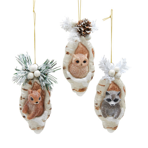Glass Owl, Raccoon & Squirrel In Tree Ornaments, 3 Assorted