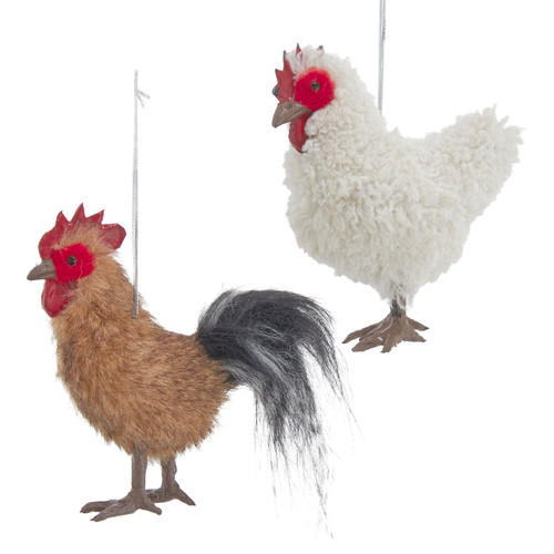 Rooster & Hen Ornaments, 2 Assorted