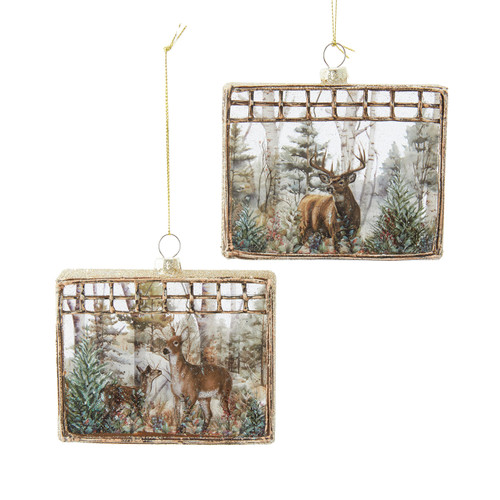 Glass Rectangle Deer Winter Forest Scene Ornaments, 2 Assorted 