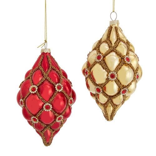 100MM Glass Red & Gold Finial With Gems Ornaments, 2 Assorted