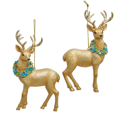 Gold Deer With Blue & Green Wreath Ornaments, 2 Assorted