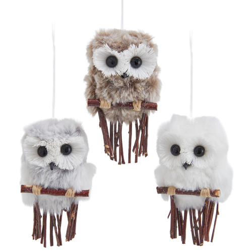 Furry Owl On Twig Ornaments, 3 Assorted