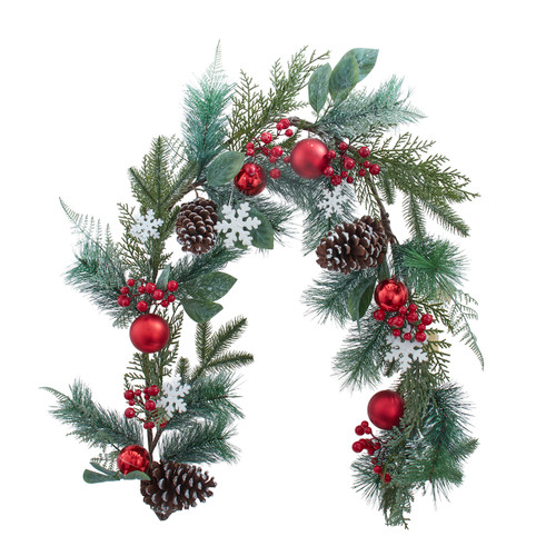 5' Green Pine With Red Balls, Berries & Snowflakes Garland