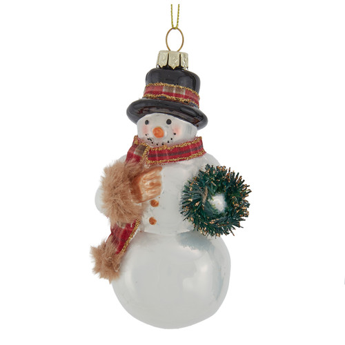 Glass Santa With Plaid Scarf & Wreath Ornament