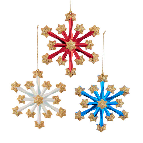 Red, White & Blue With Gold Glitter Fireworks Snowflake Ornaments, 3 Assorted