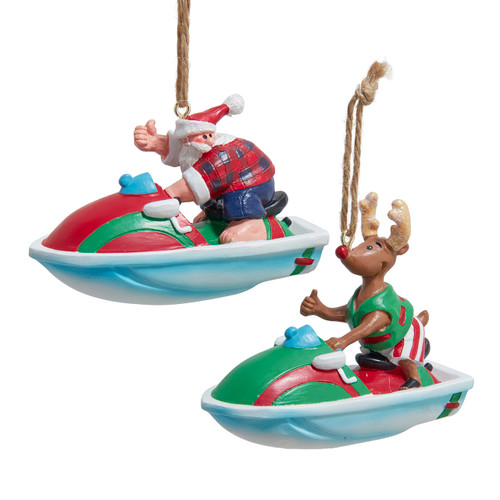 Santa & Reindeer Jet Ski Ornaments, 2 Assorted