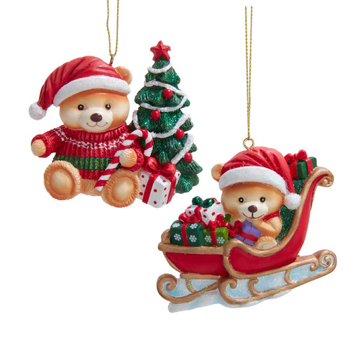 Teddy Bear With Tree & In Sleigh Flaback Ornaments, 2 Assorted