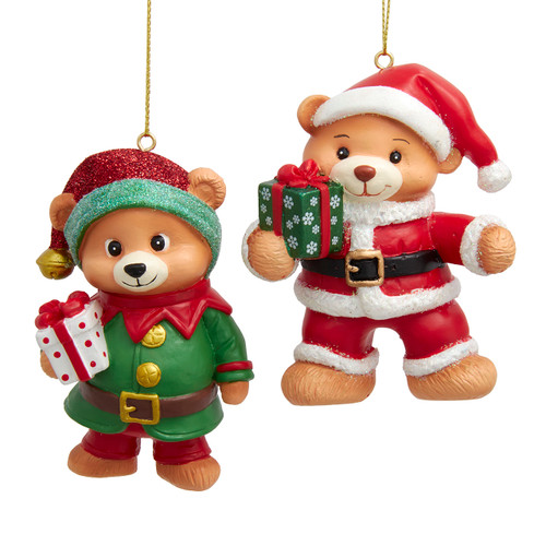 Santa Bear & Elf Bear With Presents Ornaments, 2 Assorted
