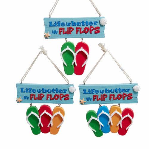 Beach Flip Flop Family Of 2, 3 & 4 With Saying Ornaments For Personallization, 3 Assorted