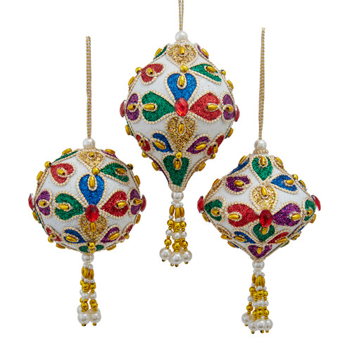 White Ball, Onion & Finial With Multicolor Designs and Trim Ornaments, 3 Assorted