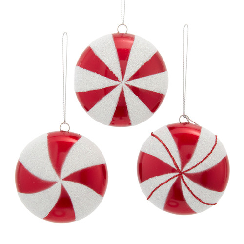 Red & White Glittered Flat Round Peppermint Candy Ornaments, 3 Assorted