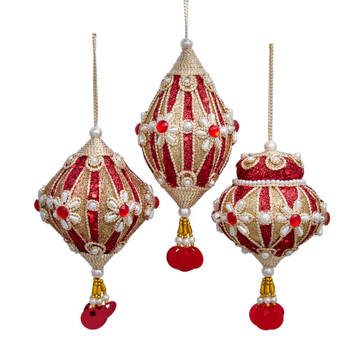 Red & Gold With Pearl Accent Ornaments, 3 Assorted