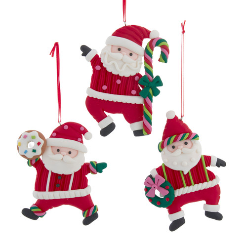 Santa With Candy Cane, Donut & Wreath Ornaments, 3 Assorted