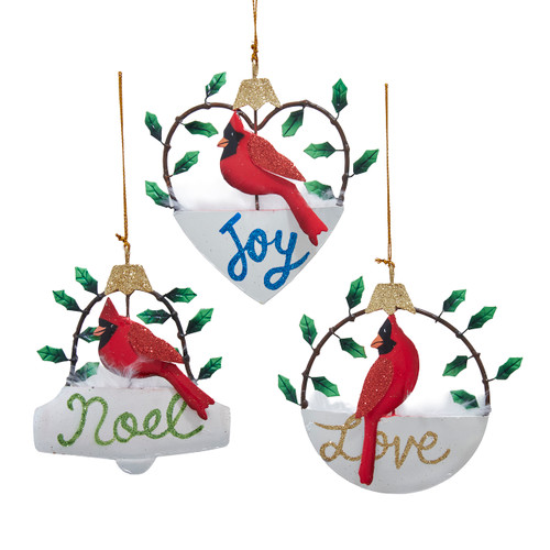 "Joy," "Love" & "Noel" With Cardinal Ornaments, 3 Assorted